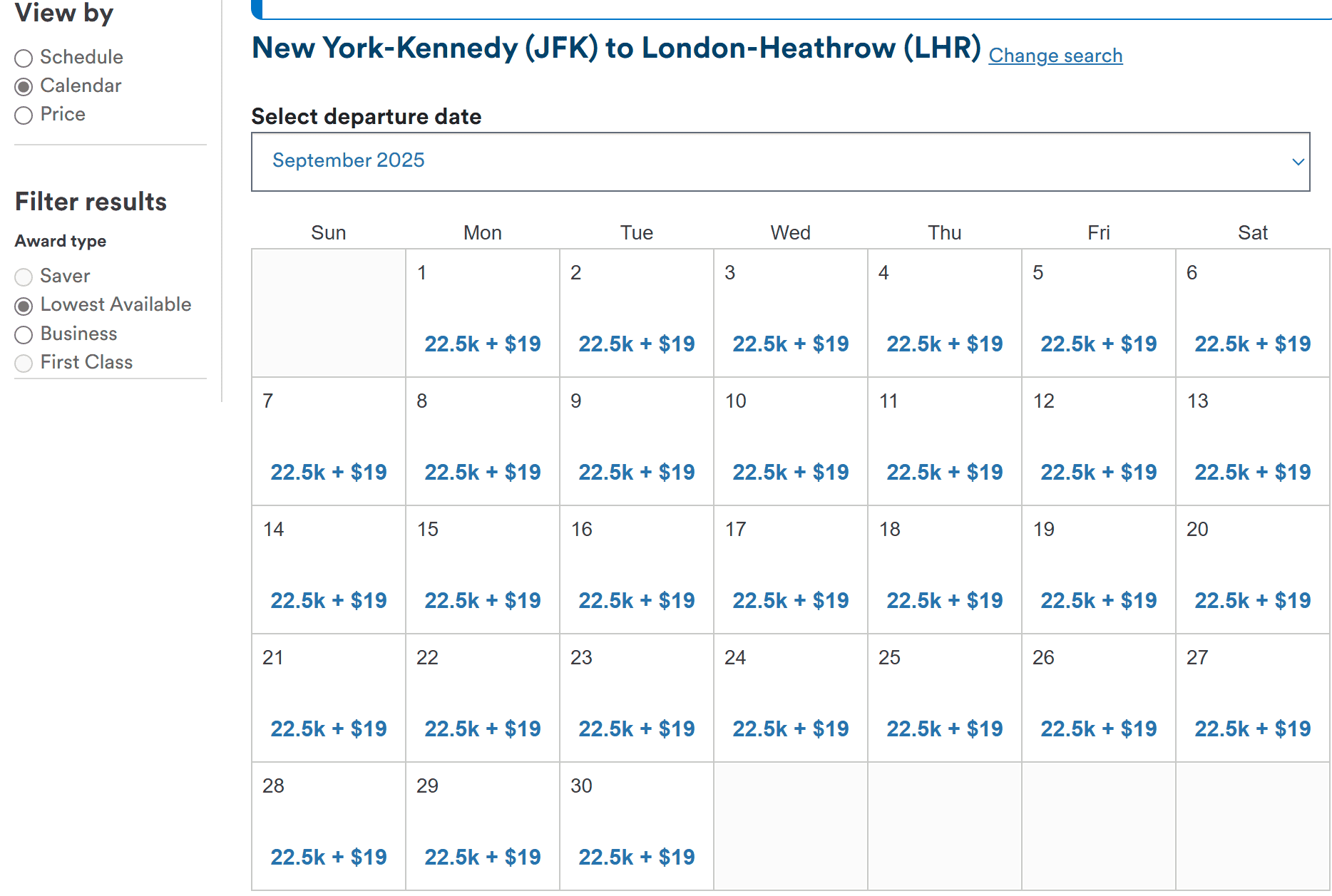 Flight award calendar for September 2025 showing a constant price of 22.5K miles and $19 for flights from New York-Kennedy (JFK) to London-Heathrow (LHR).