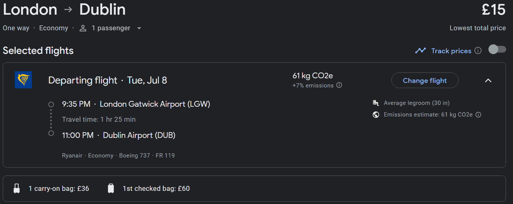Ryanair flight details from London Gatwick to Dublin, showing the low fare of £15, departure time, and carbon emissions.