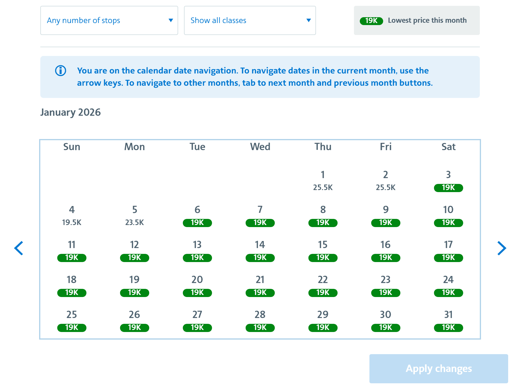 United Airlines flight award calendar for January 2026, showing the lowest price of 19K miles and daily flight costs.