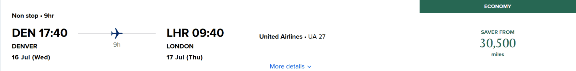 United Airlines nonstop flight from Denver (DEN) to London (LHR), with an economy saver fare starting at 30,500 miles.