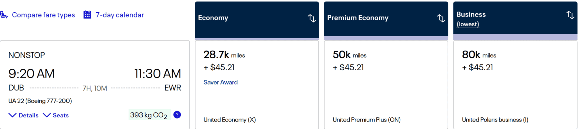 United Airlines flight from DUB to EWR, with pricing for Economy, Premium Economy, and Business fare classes.