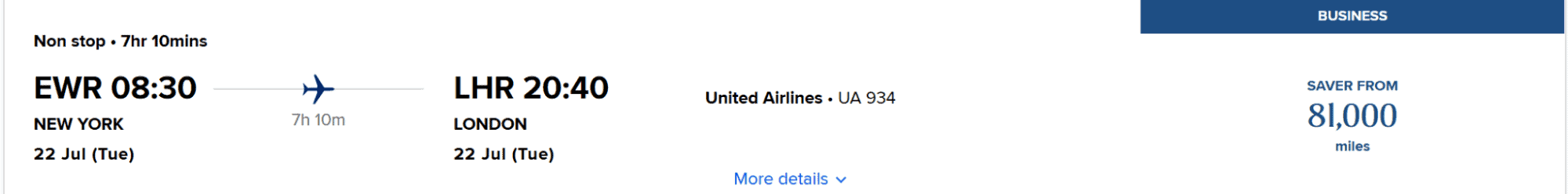 United Airlines nonstop flight from EWR to LHR, showing a business class saver fare of 81,000 miles.