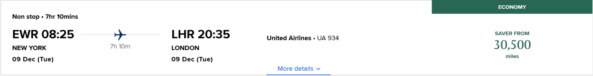 United Airlines nonstop flight from Newark (EWR) to London (LHR), with a saver fare starting at 30,500 miles.