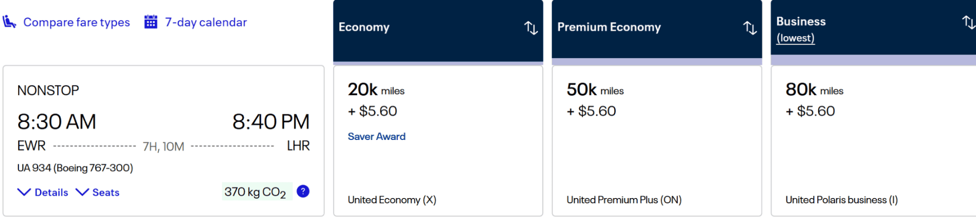 United Airlines flight fare classes: Economy, Premium Economy, Business, with mileage and tax costs for EWR-LHR nonstop.