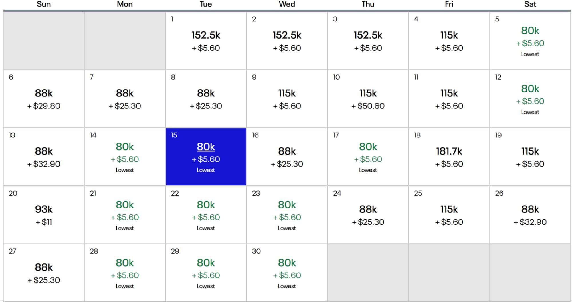 United Airlines flight award calendar showing varying daily mileage prices.