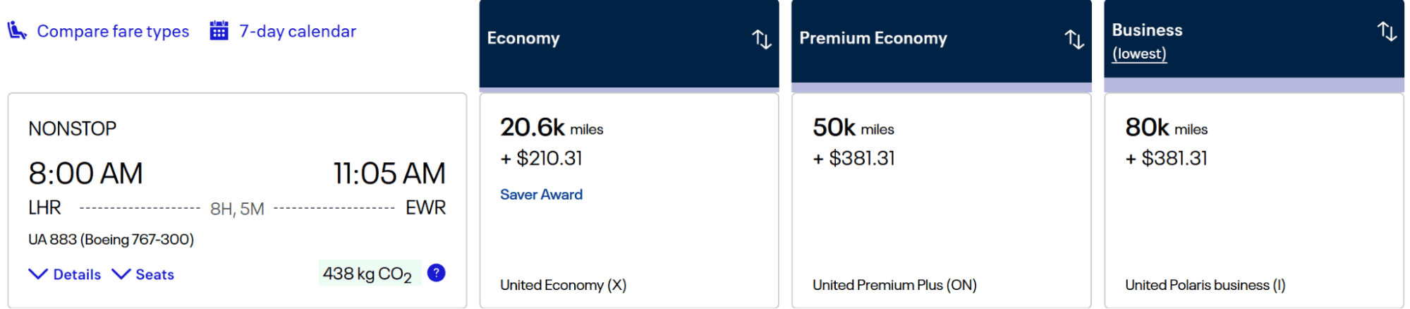 United Airlines fare classes for a flight from LHR to EWR, showing Economy, Premium Economy, and Business with prices in miles and dollars.