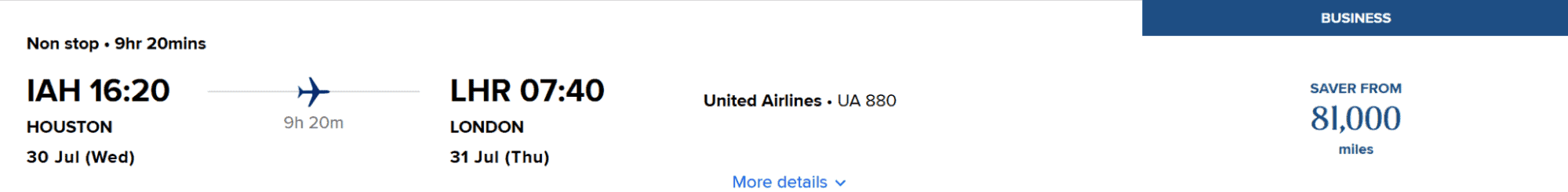 United Airlines nonstop flight from IAH to LHR, showing a business class saver fare of 81,000 miles.