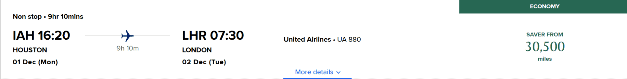 United Airlines nonstop flight from IAH to LHR, showing an economy saver fare of 30,500 miles.
