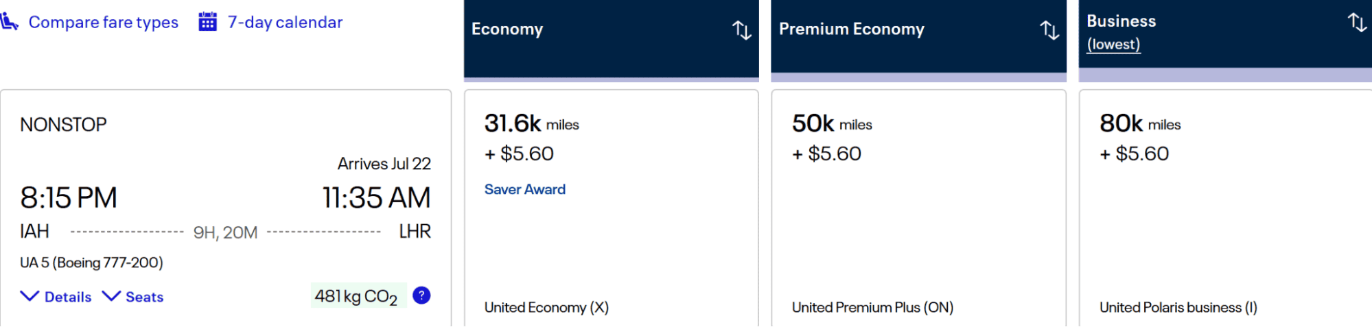 United Airlines nonstop flight from IAH to LHR, with fare options for Economy, Premium Economy, and Business classes.
