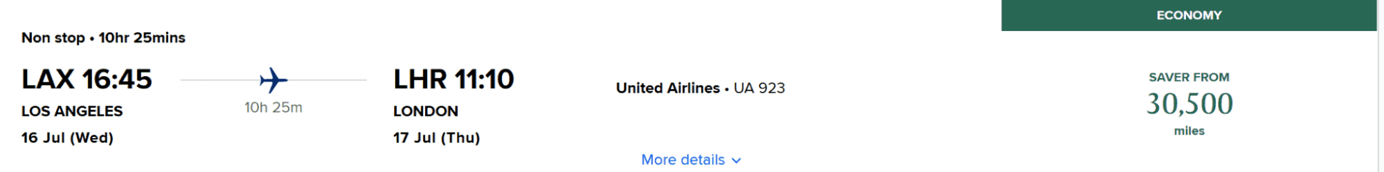 United Airlines nonstop flight from LAX to LHR, showing an economy saver fare of 30,500 miles.