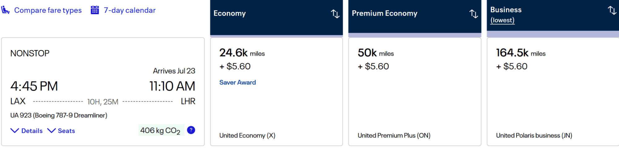 United Airlines nonstop flight from LAX to LHR, with fare options for Economy, Premium Economy, and Business classes.