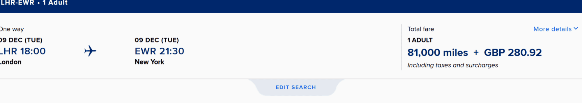 United Airlines one-way flight from LHR to EWR, with a total fare of 81,000 miles and GBP 280.92.