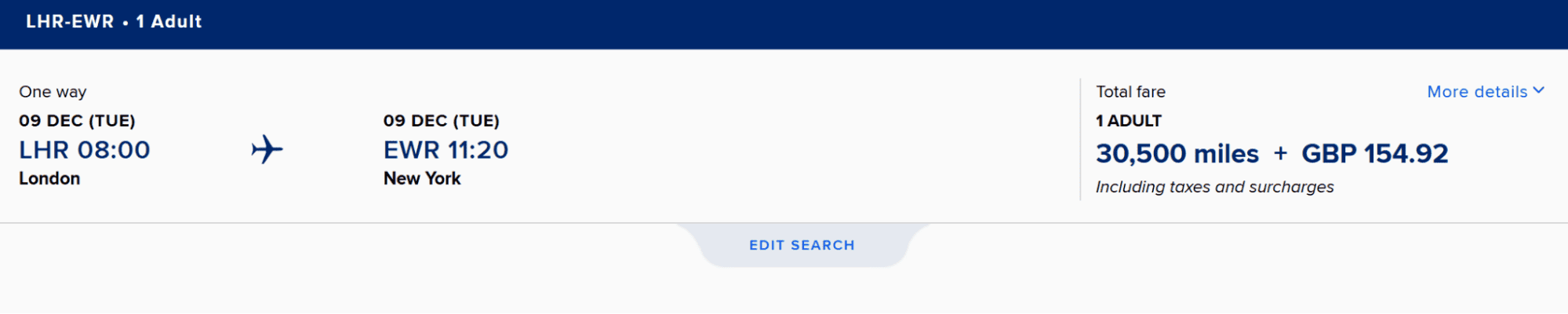United Airlines one-way flight from LHR to EWR, with a total fare of 30,500 miles and GBP 154.92.
