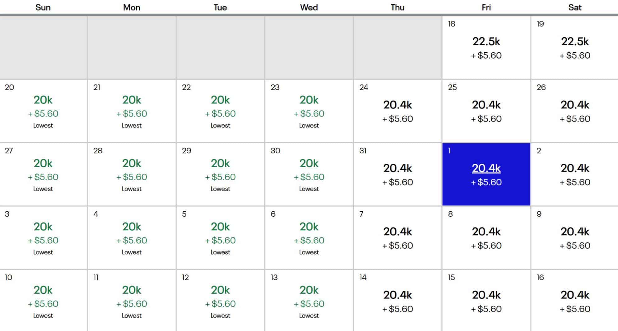 United Airlines flight calendar showing the lowest available fares at 20K and 22.5K miles.