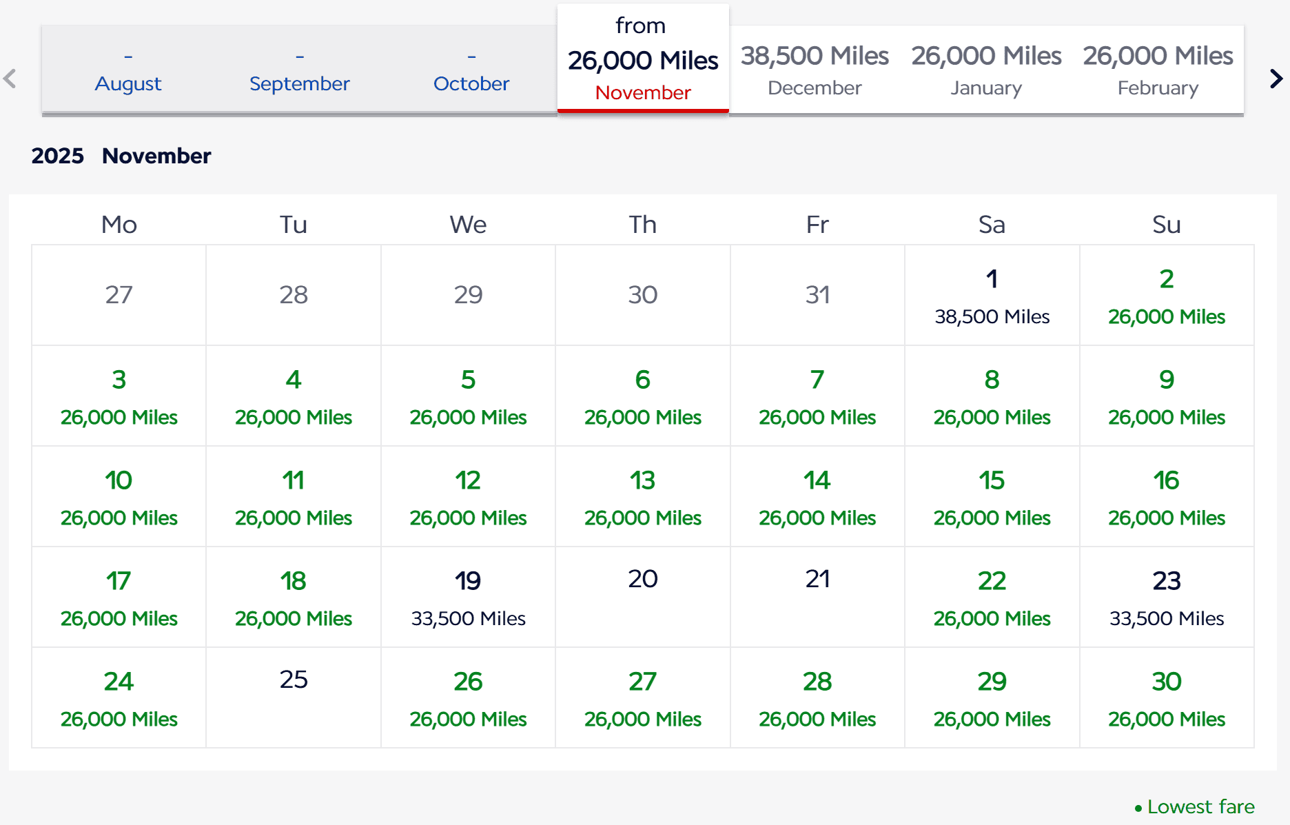 United Airlines flight award calendar for November 2025, with prices starting from 26,000 miles.