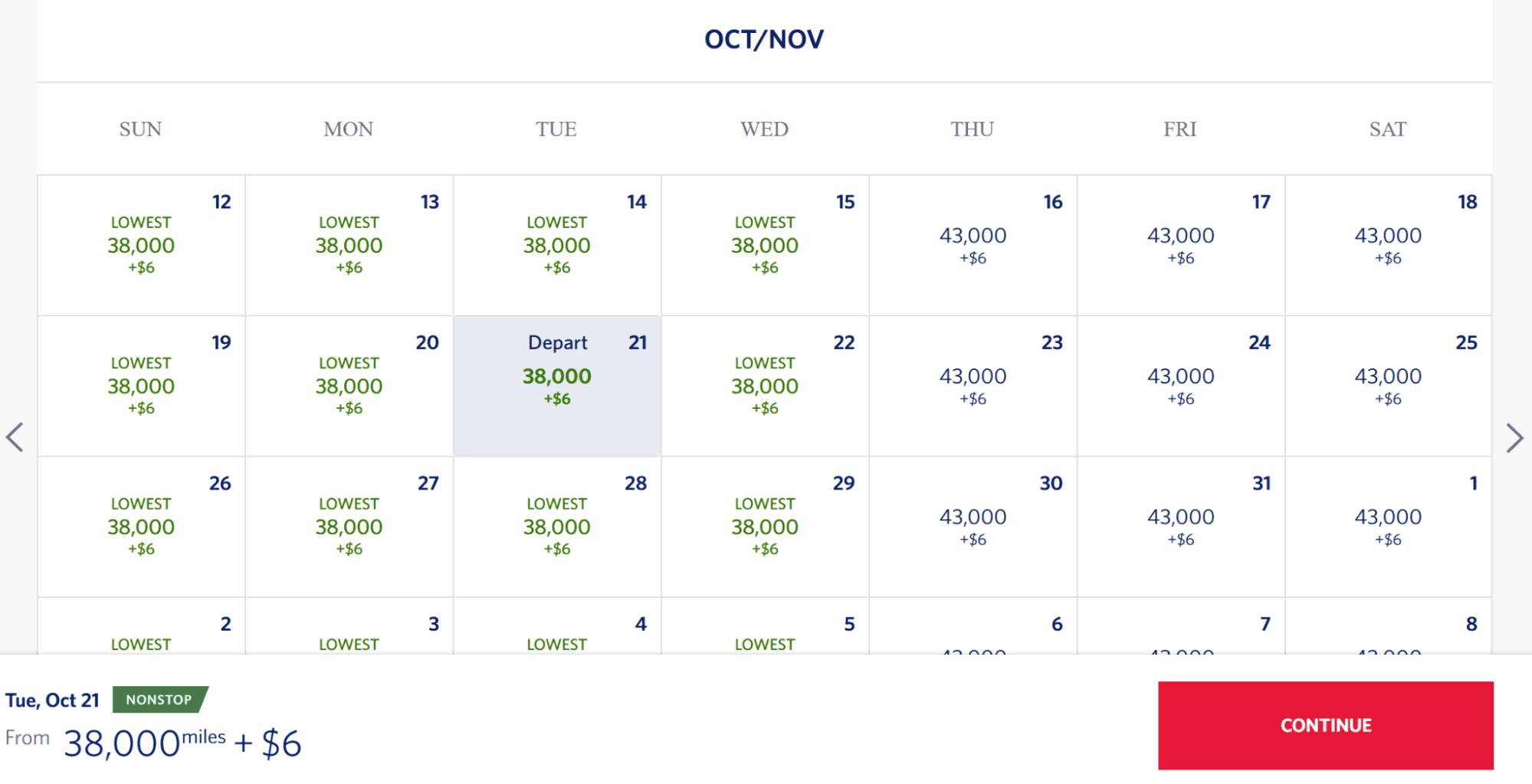 United Airlines flight calendar for October and November, with the lowest fare shown at 38,000 miles plus $6.