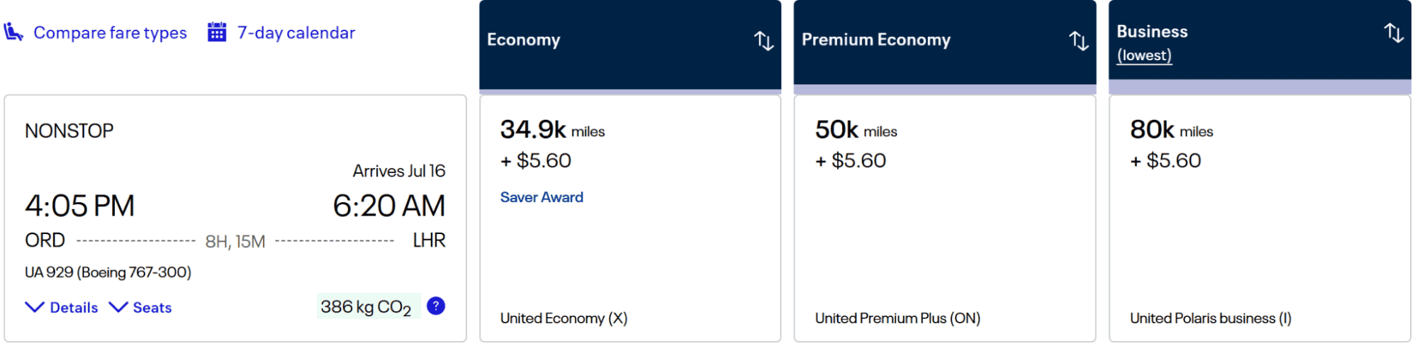 United Airlines nonstop flight from Chicago (ORD) to London (LHR), with fare options for Economy, Premium Economy, and Business.