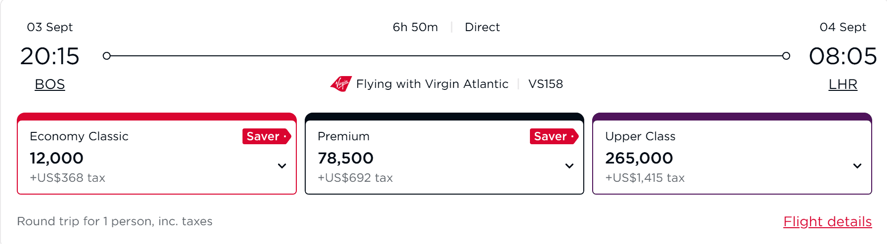 Virgin Atlantic direct flight from BOS to LHR, showing round-trip fares for Economy, Premium, and Upper Class.
