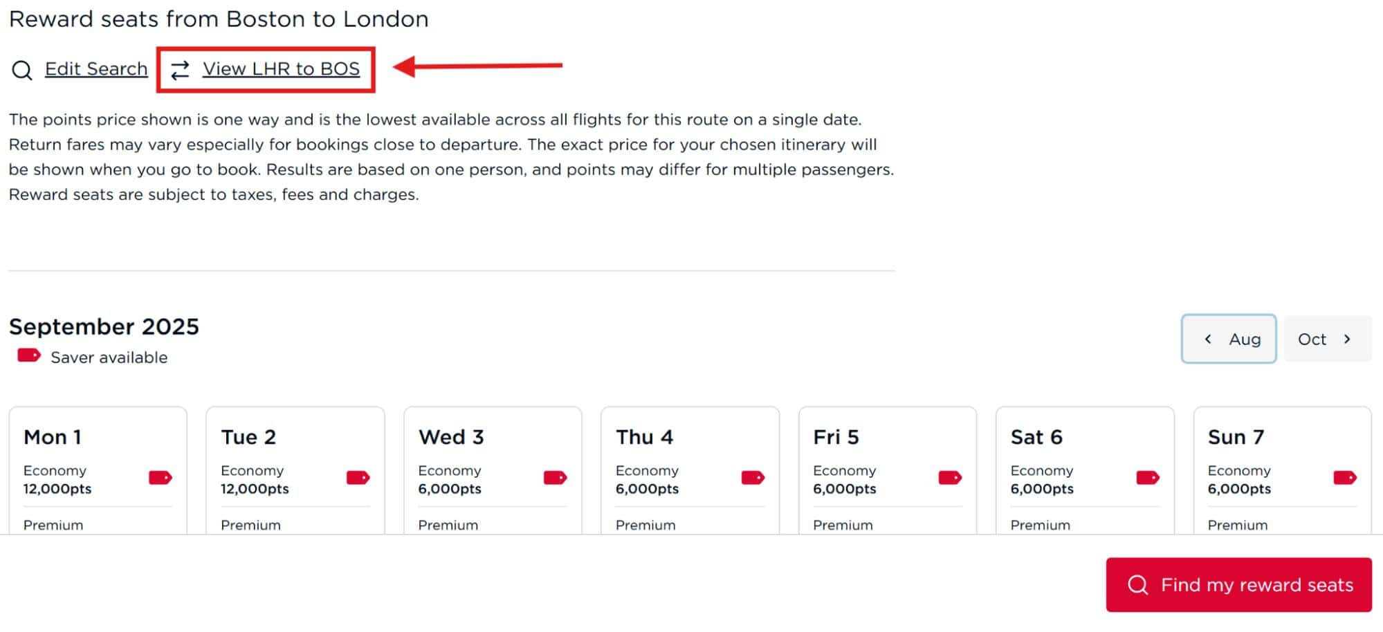 A calendar for September 2025 showing Virgin Atlantic reward seat prices from Boston to London, with points for Economy and Premium classes.
