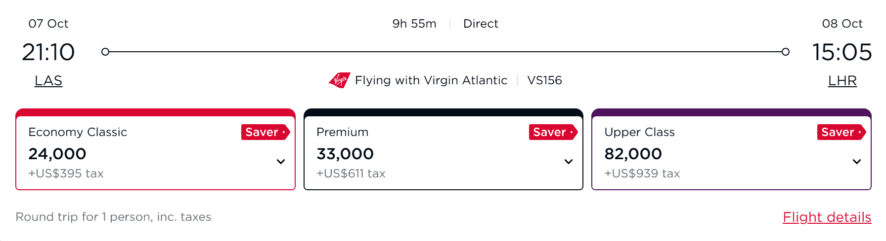 Virgin Atlantic round-trip flight from LAS to LHR, with fares for Economy Classic at 24K miles, Premium at 33K miles, and Upper Class at 82K miles.
