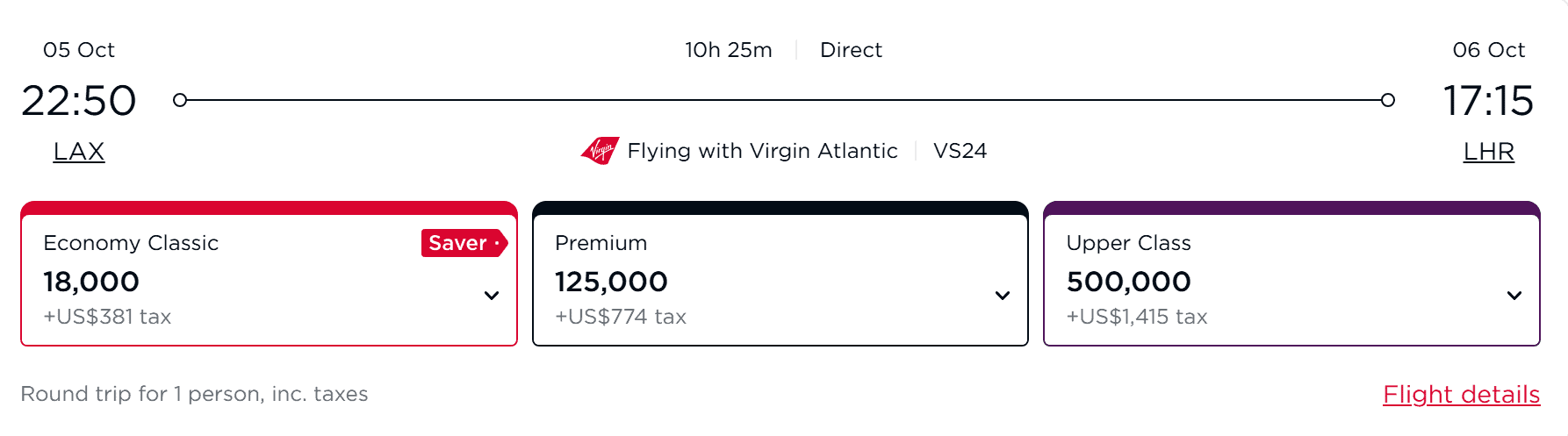 Virgin Atlantic round-trip flight from LAX to LHR, with fares for Economy Classic at 18K miles, Premium at 125K miles, and Upper Class at 500K miles.