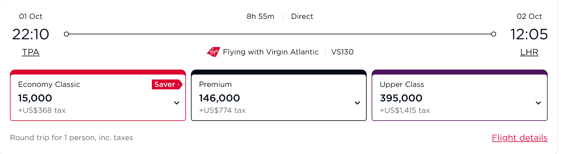 Virgin Atlantic round-trip flight from TPA to LHR, with fares for Economy Classic at 15K miles, Premium at 146K miles, and Upper Class at 395K miles.