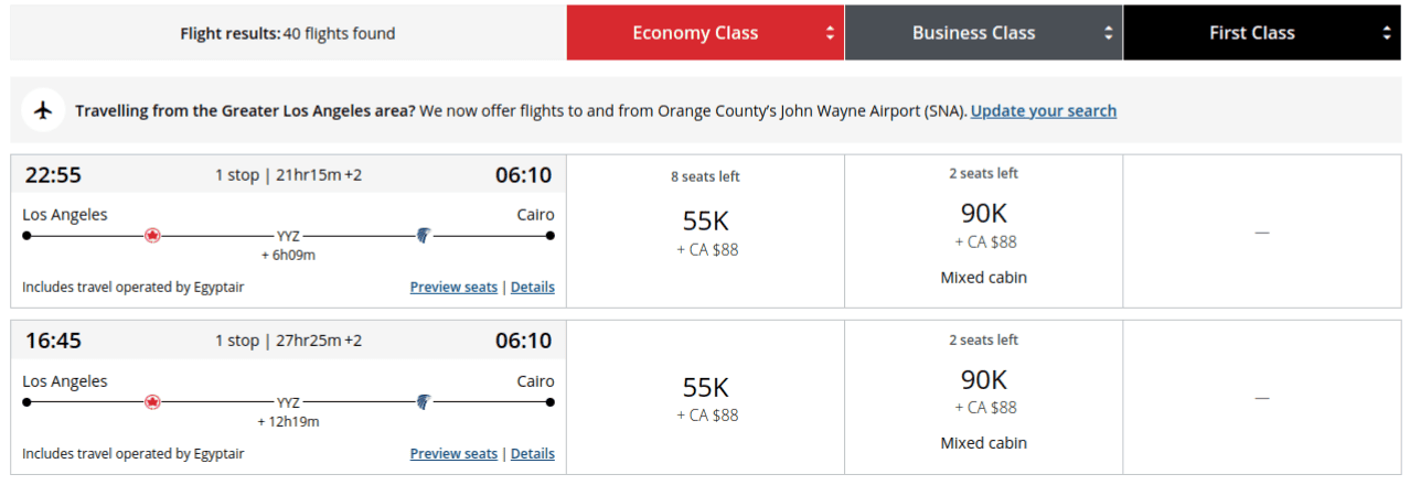 Air Canada Aeroplan Award Flights to Cairo