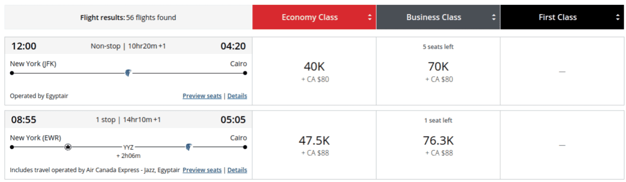 Air Canada Aeroplan Award Flights to Cairo