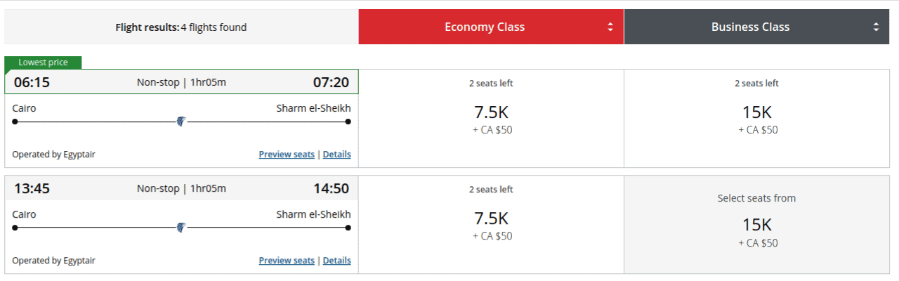 Air Canada Aeroplan Award Flights to Sharm El Sheik