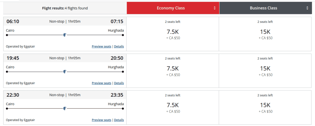 Air Canada Aeroplan Award Flights to Hurghada