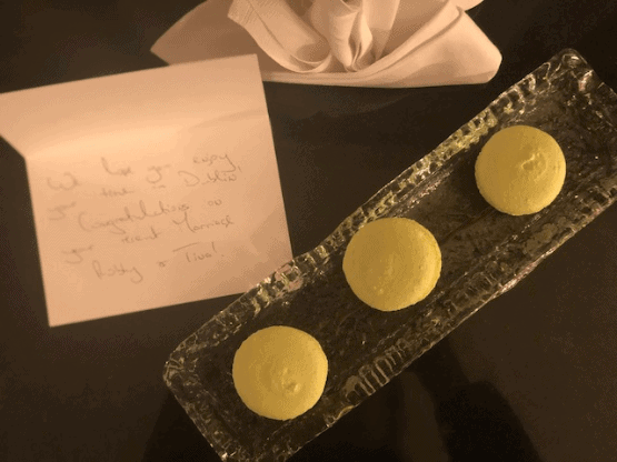 Marriott Shelbourne Hotel welcome note and macarons