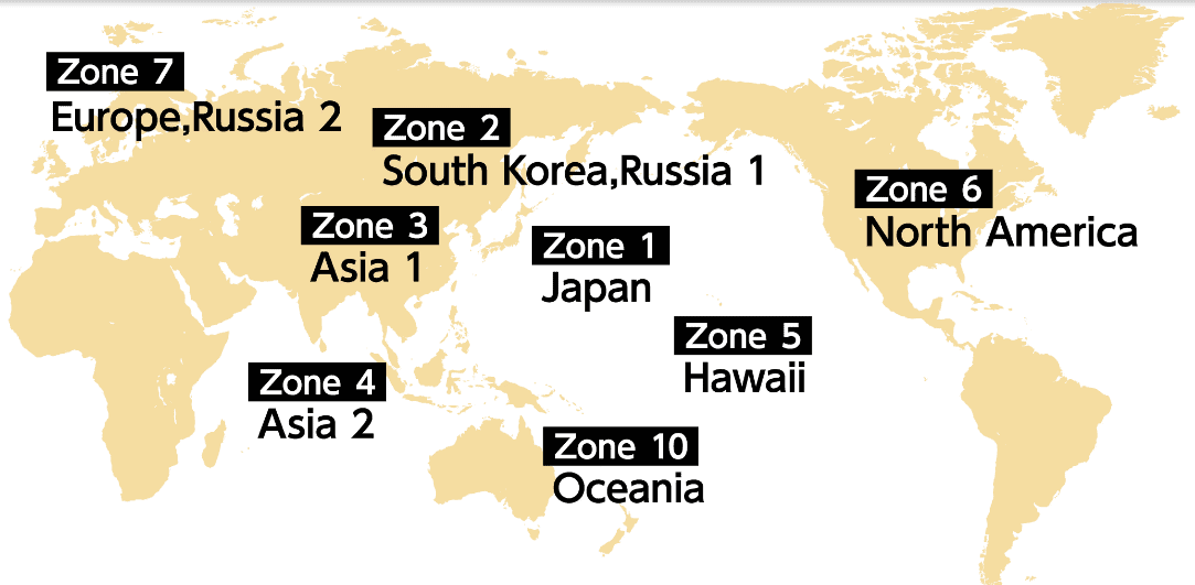 Map showing ANA award zones with labeled regions including Japan, Asia, South Korea, Europe, North America, and Oceania