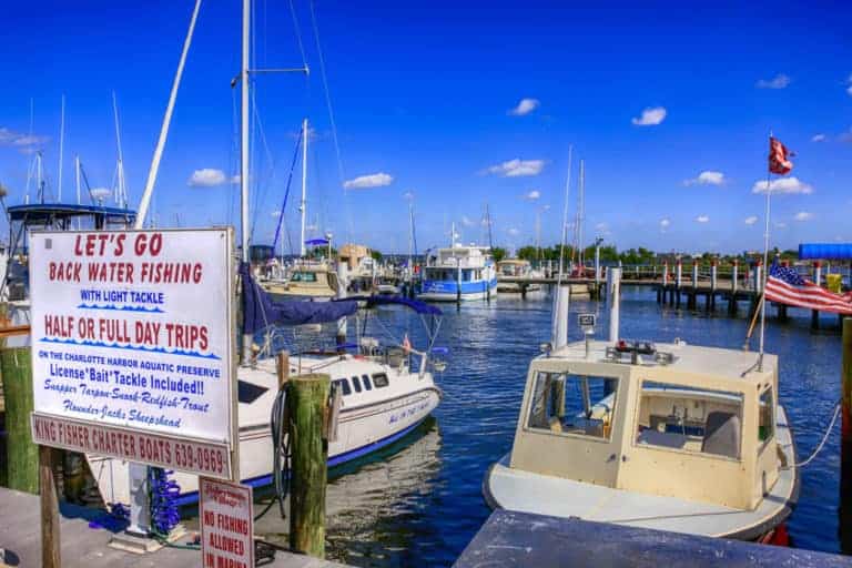 Boats in Fisherman's Village marina in Punta Gorda, Florida