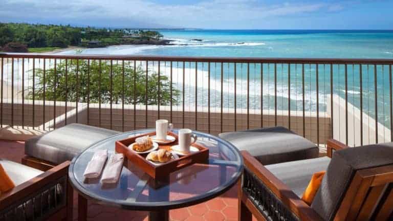 This is the view from the Oceanfront Guest Room in the Main Tower - it sits elevated up on the hill, so has a tremendous view of Kauna’oa Beach.