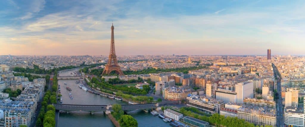 Aerial view of Paris, France with Eiffel tower during sunset