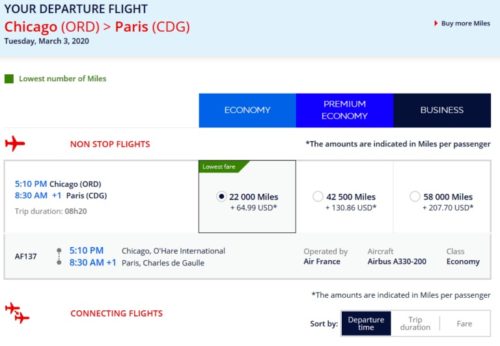 A flight booking screen displays a nonstop flight from Chicago (ORD) to Paris (CDG) on March 3, 2020. Economy class is selected with 22,000 miles plus $64.99, and details about points, flight time, and options are provided.
