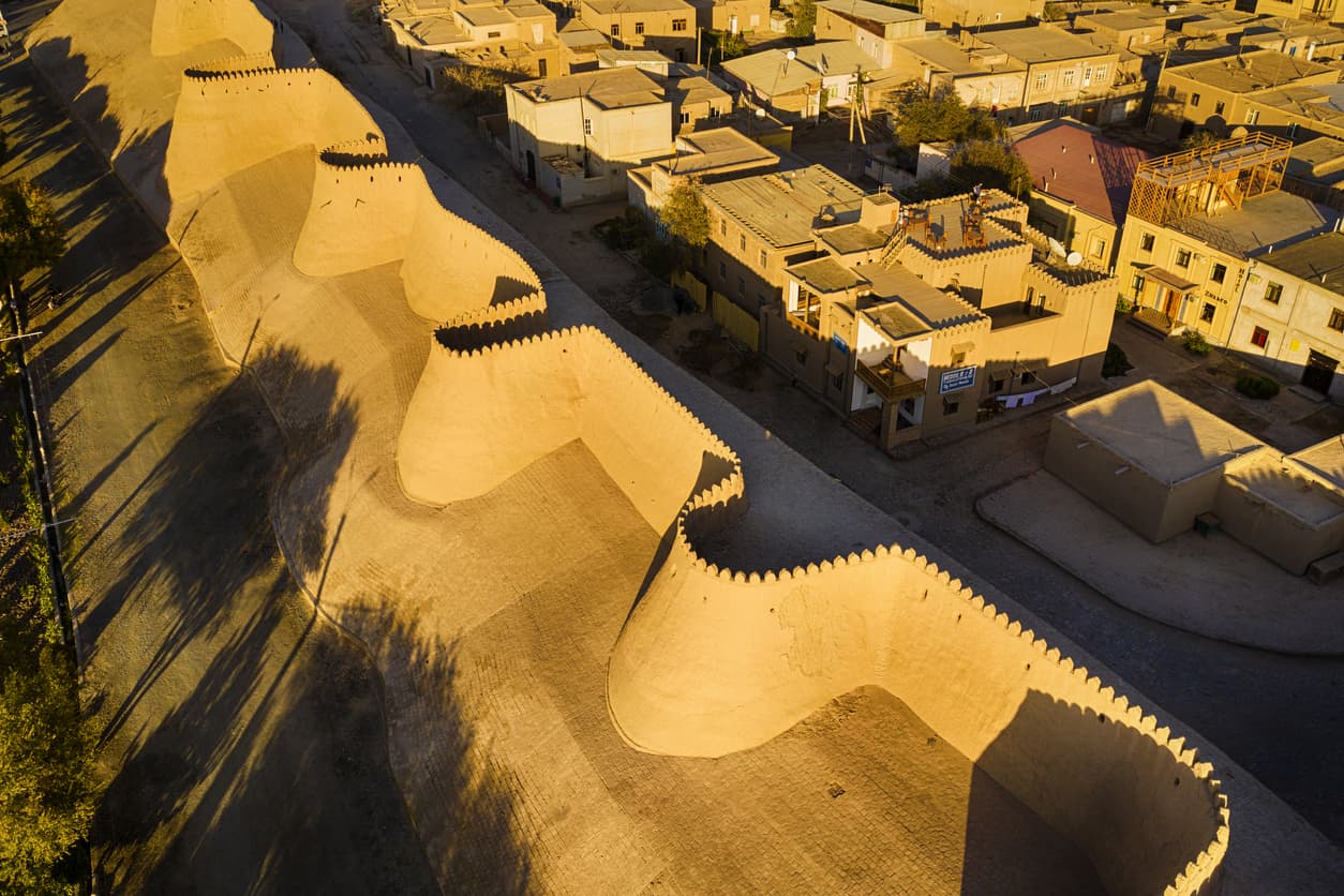Aerial view of the ancient city walls of Khiva, silk road, Uzbekistan