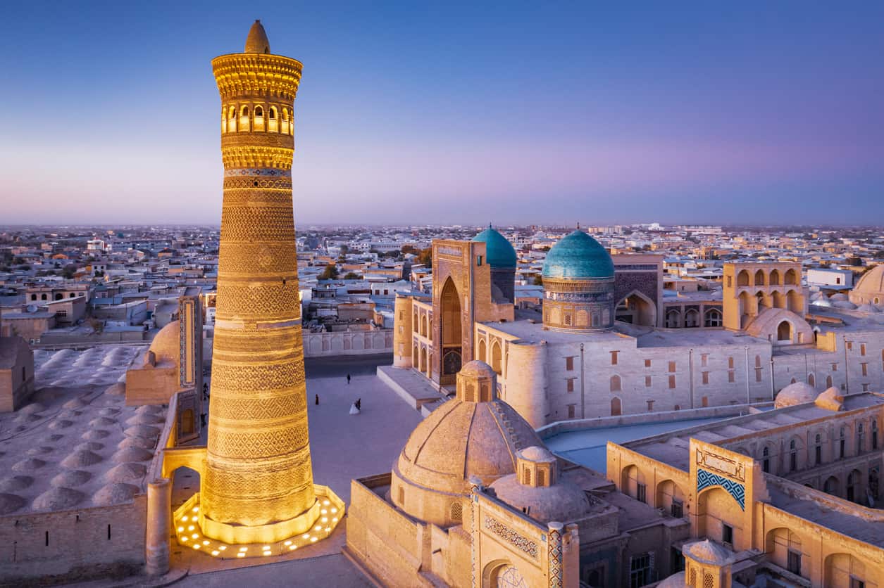 Bukhara Uzbekistan Kalyan Minaret and Madressa Sunset Twilight