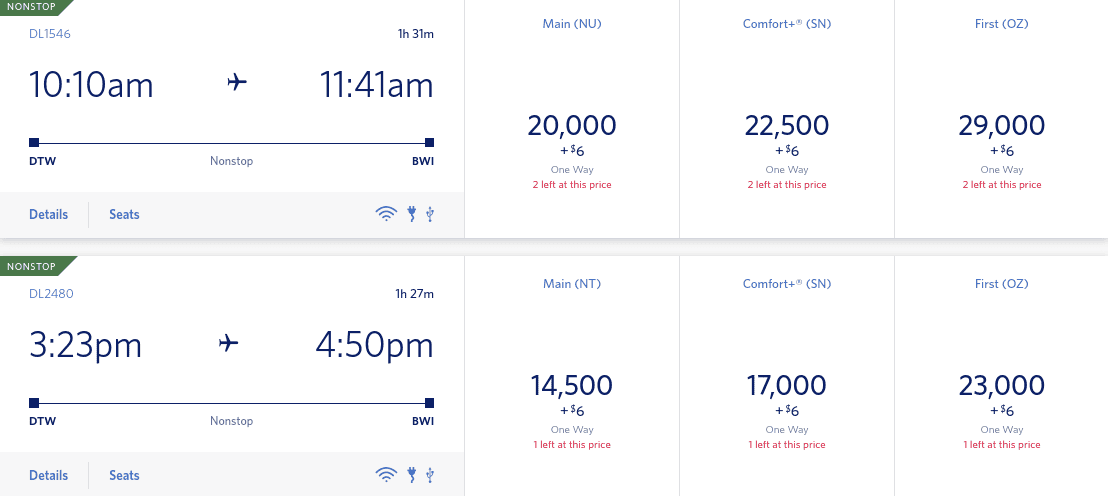 Award flight from Detroit (DTW) to Baltimore (BWI) operated by and booked directly with Delta.
