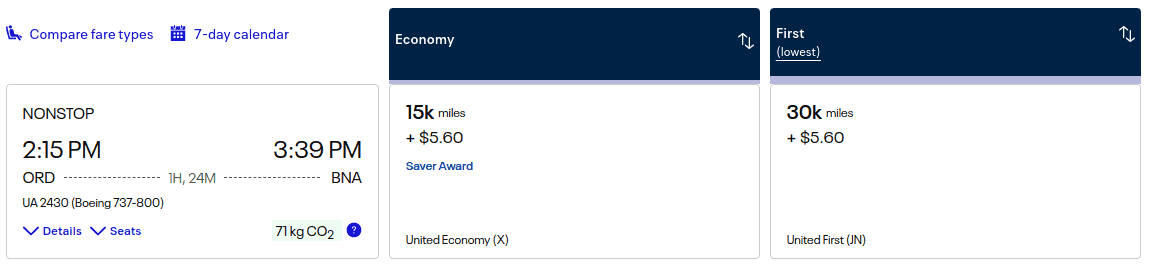 Award flight from Chicago-O’Hare (ORD) to Nashville (BNA) booked directly with United.