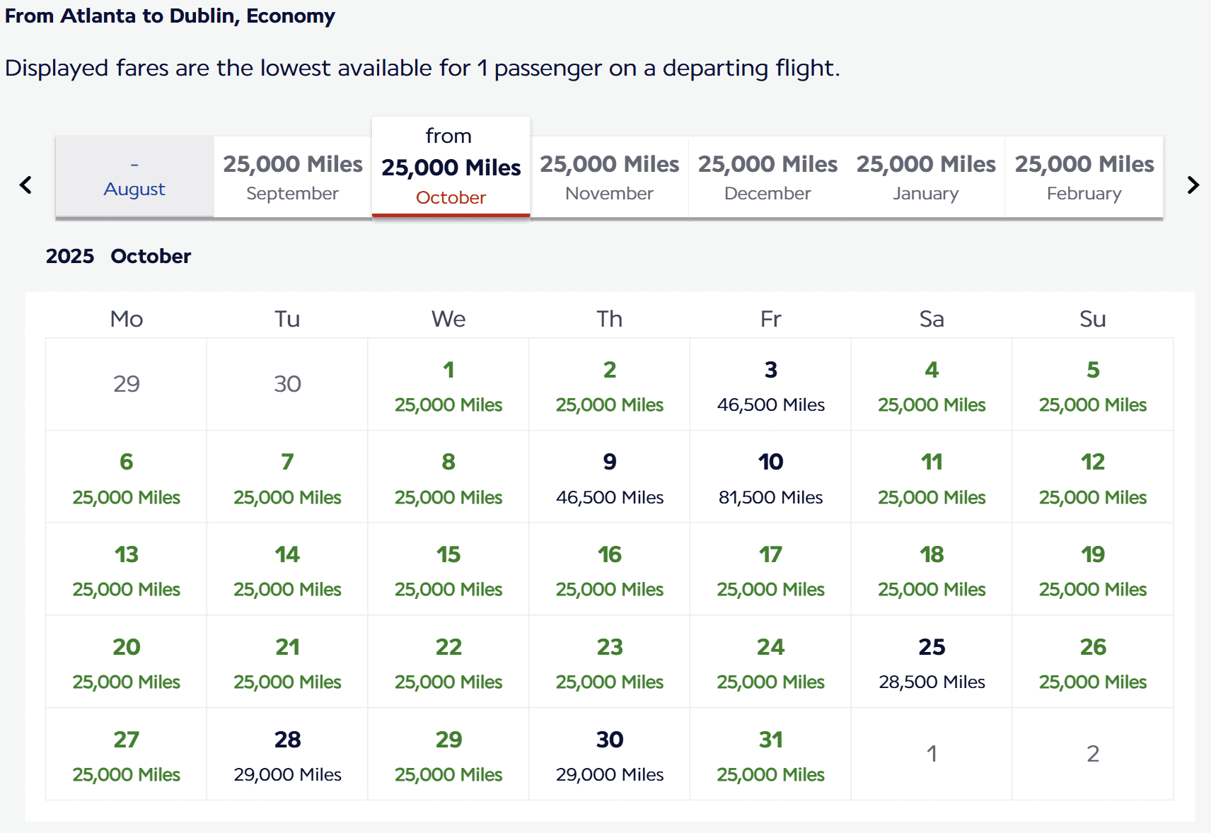 Award calendar showing economy flights from Atlanta to Dublin in October 2025 with most dates priced at 25,000 miles and select higher-mileage days highlighted