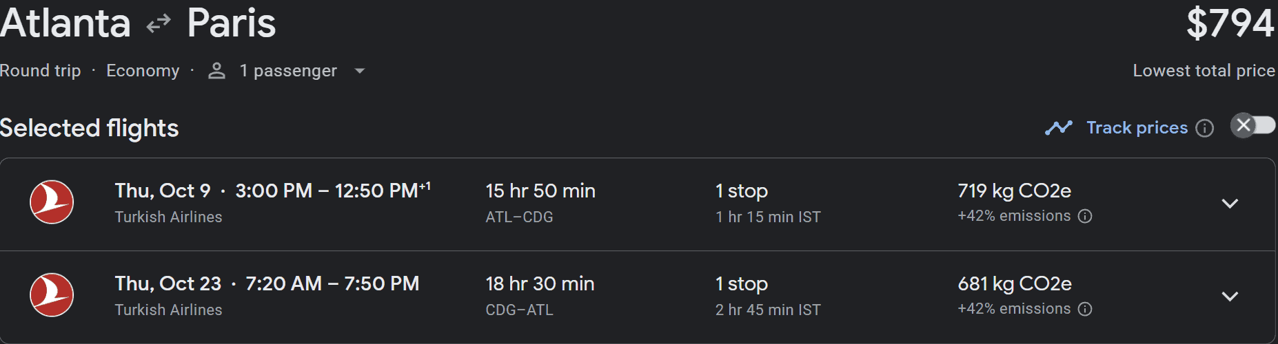 oogle Flights results for a round-trip economy flight from Atlanta to Paris showing a lowest price of $794 with Turkish Airlines, one stop each way, including flight durations and CO2 emissions