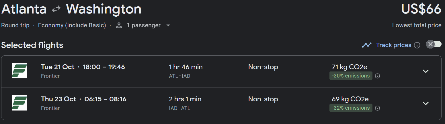 Google Flights result showing a round-trip economy fare from Atlanta to Washington with Frontier, non-stop flights priced at $66