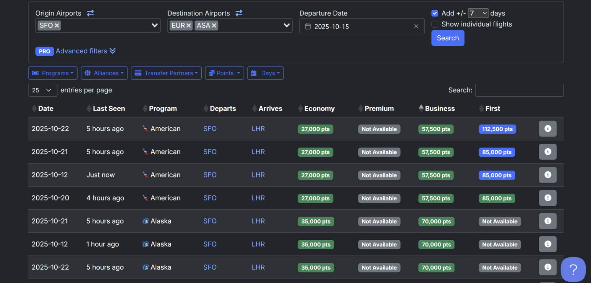 Flight award search results showing SFO to London availability with points for economy, business, and first class