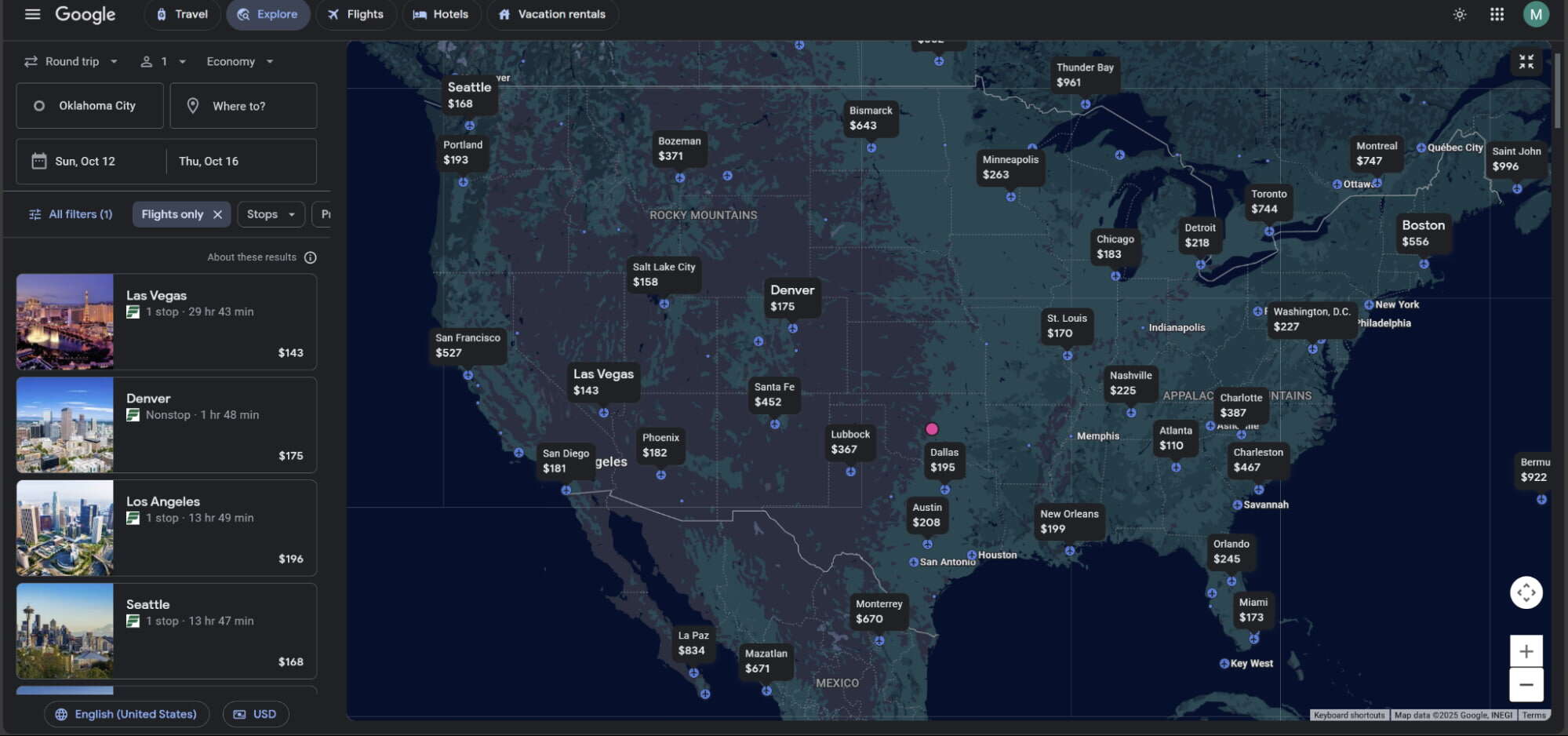 Google Flights Explore map showing flight prices from Oklahoma City to destinations across the United States, with cities labeled by lowest fares and a sidebar listing sample routes