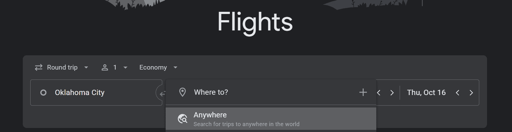 Google Flights search interface showing a round-trip economy search from Oklahoma City with the destination set to “Anywhere” and a departure date of October 16