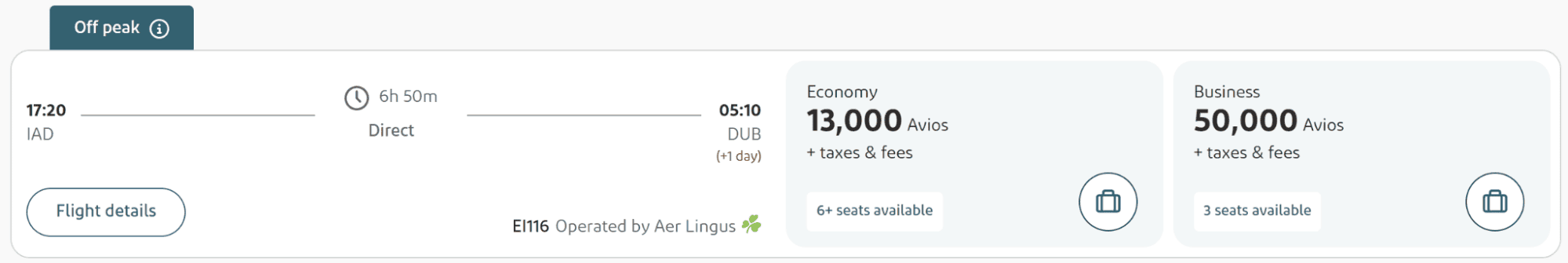 Off-peak Aer Lingus award availability for a direct flight from Washington Dulles to Dublin showing 13,000 Avios in economy and 50,000 Avios in business with seat availability