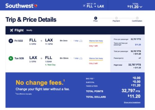 Screenshot of a Southwest Airlines booking page showing round-trip travel from FLL to LAX, outbound on May 22 and return on May 26, totaling 32,797 points plus $11.20, with no change fees advertised.