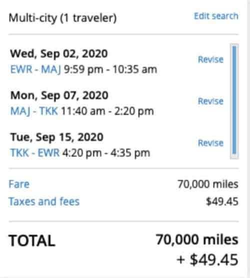 Screenshot of a multi-city flight booking itinerary for one traveler, showing flights from EWR to MAJ, MAJ to TKK, and TKK to EWR, costing 70,000 miles plus $49.45 in taxes and fees—perfect for savvy travel with points.