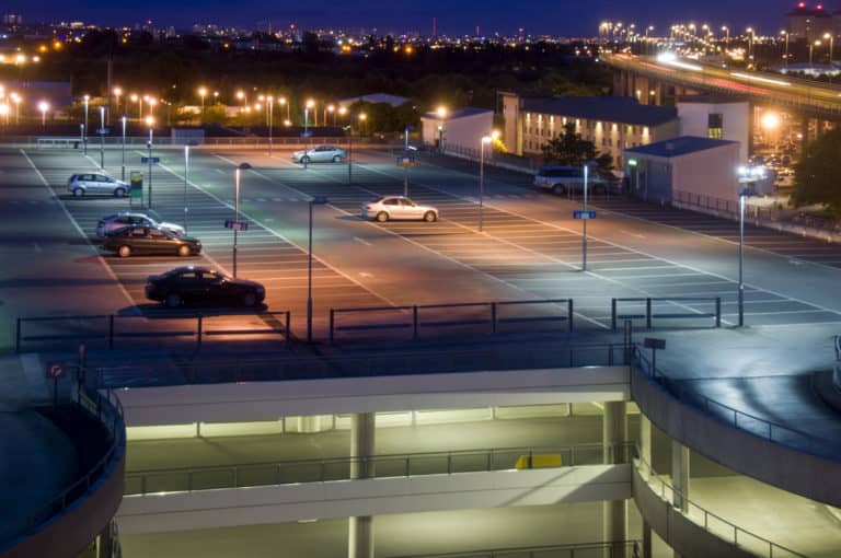 A nightime city centre multi-storey